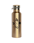 Gold water bottle with horse design on a white background