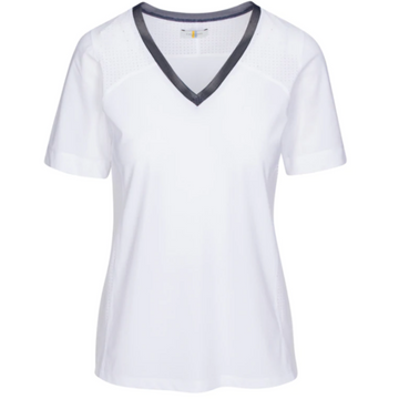 CALLIDAE The Short Sleeve Tech V Neck in White/Navy Trim