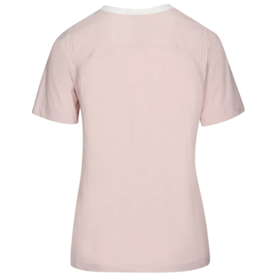 Back of CALLIDAE The Short Sleeve Tech V Neck in Pink Sand/Cream