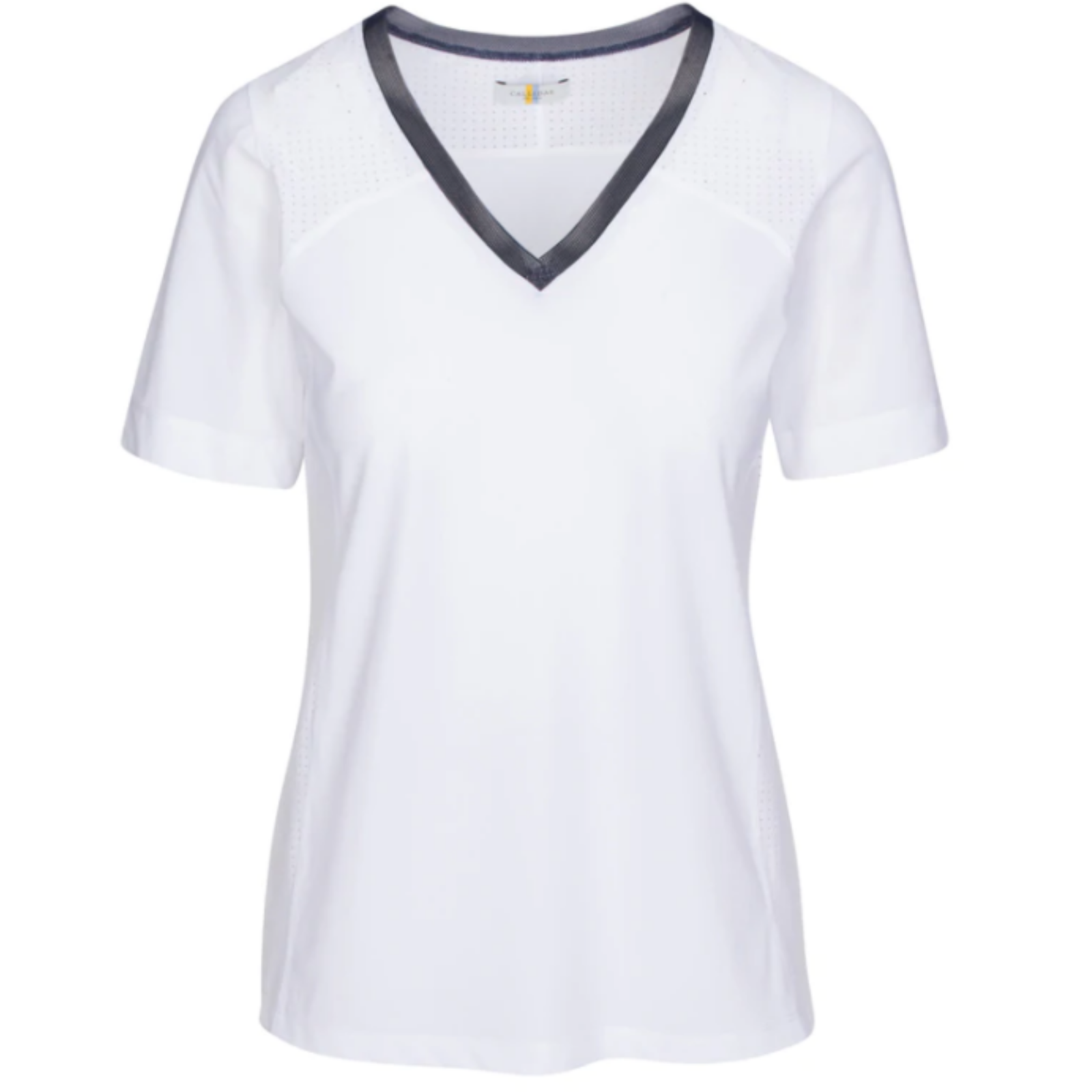 Front of CALLIDAE The Short Sleeve Tech V Neck in White/Navy Trim - Women&#39;s XS