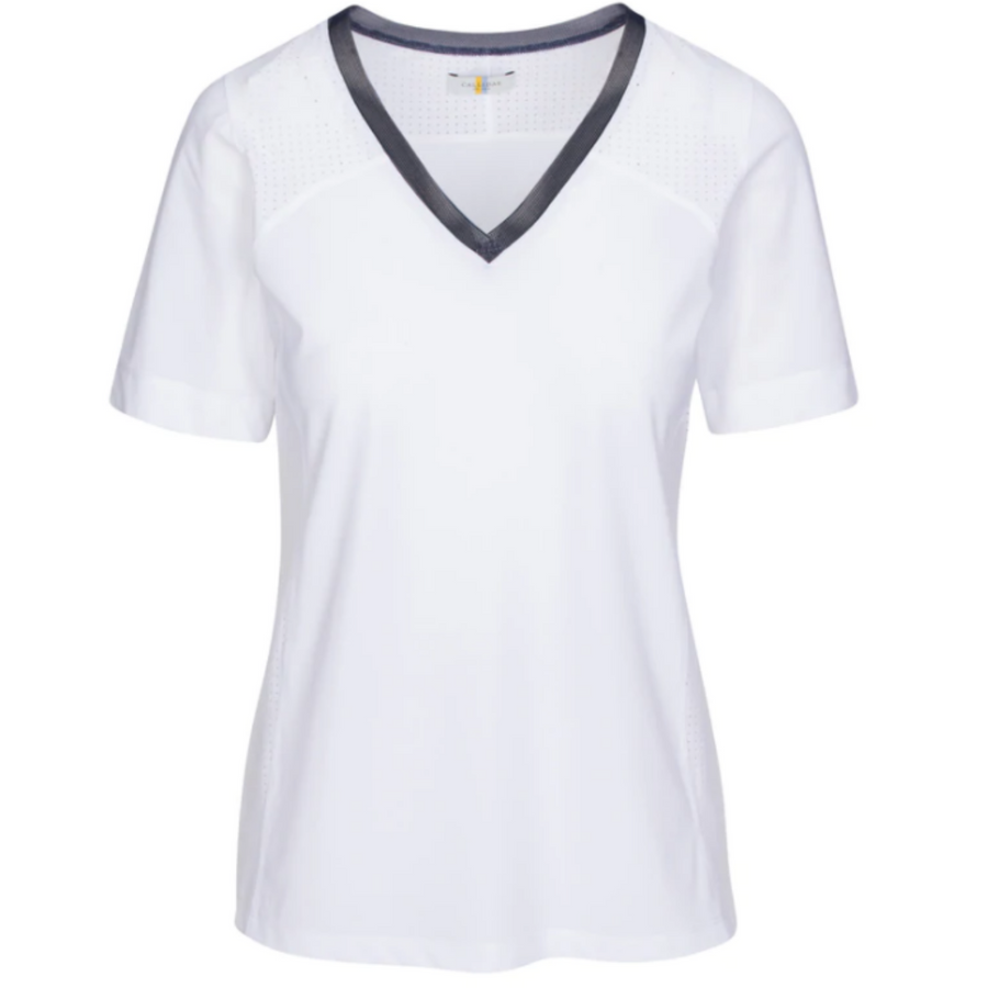 Front of CALLIDAE The Short Sleeve Tech V Neck in White/Navy Trim - Women's XS