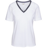 Front of CALLIDAE The Short Sleeve Tech V Neck in White/Navy Trim - Women's XS
