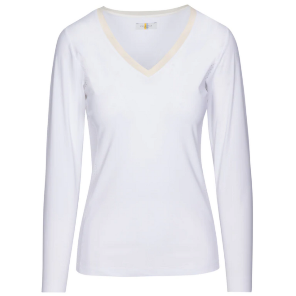 Front of CALLIDAE The Tech V Neck in White/Sand Trim - Women's Large