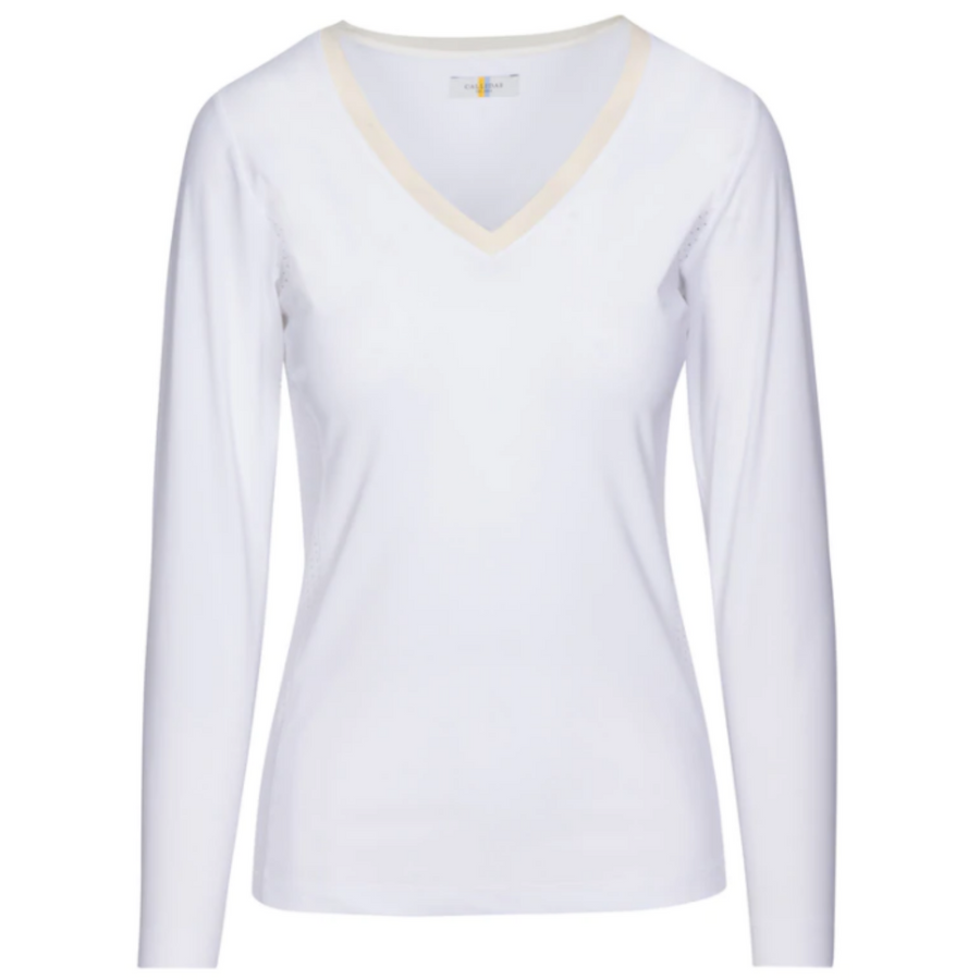 Front of CALLIDAE The Tech V Neck in White/Sand Trim - Women's Large