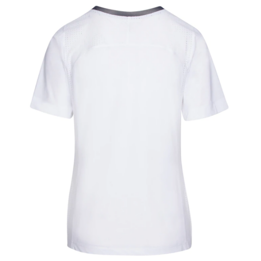 Back of CALLIDAE The Short Sleeve Tech V Neck in White/Navy Trim - Women's XS