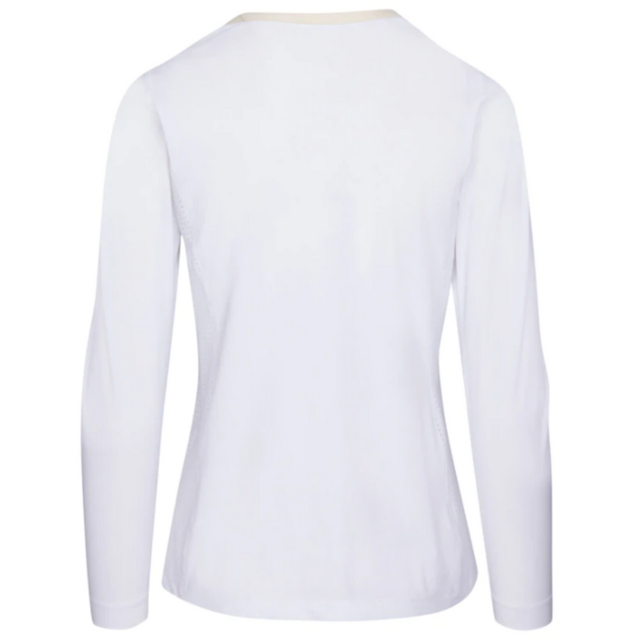 Back of CALLIDAE The Tech V Neck in White/Sand Trim