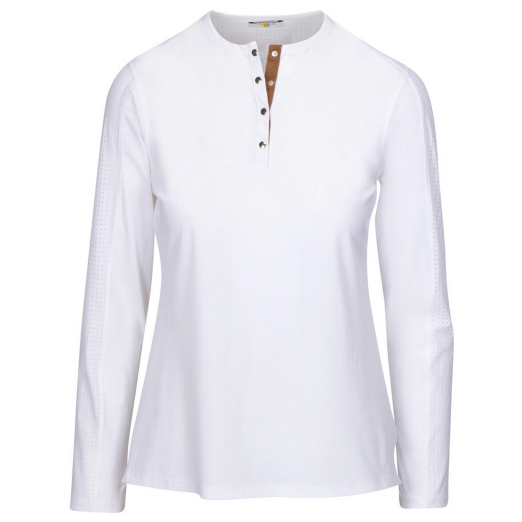 CALLIDAE The Tech Practice Shirt in White w/ Ochre Ribbon - Women's XL