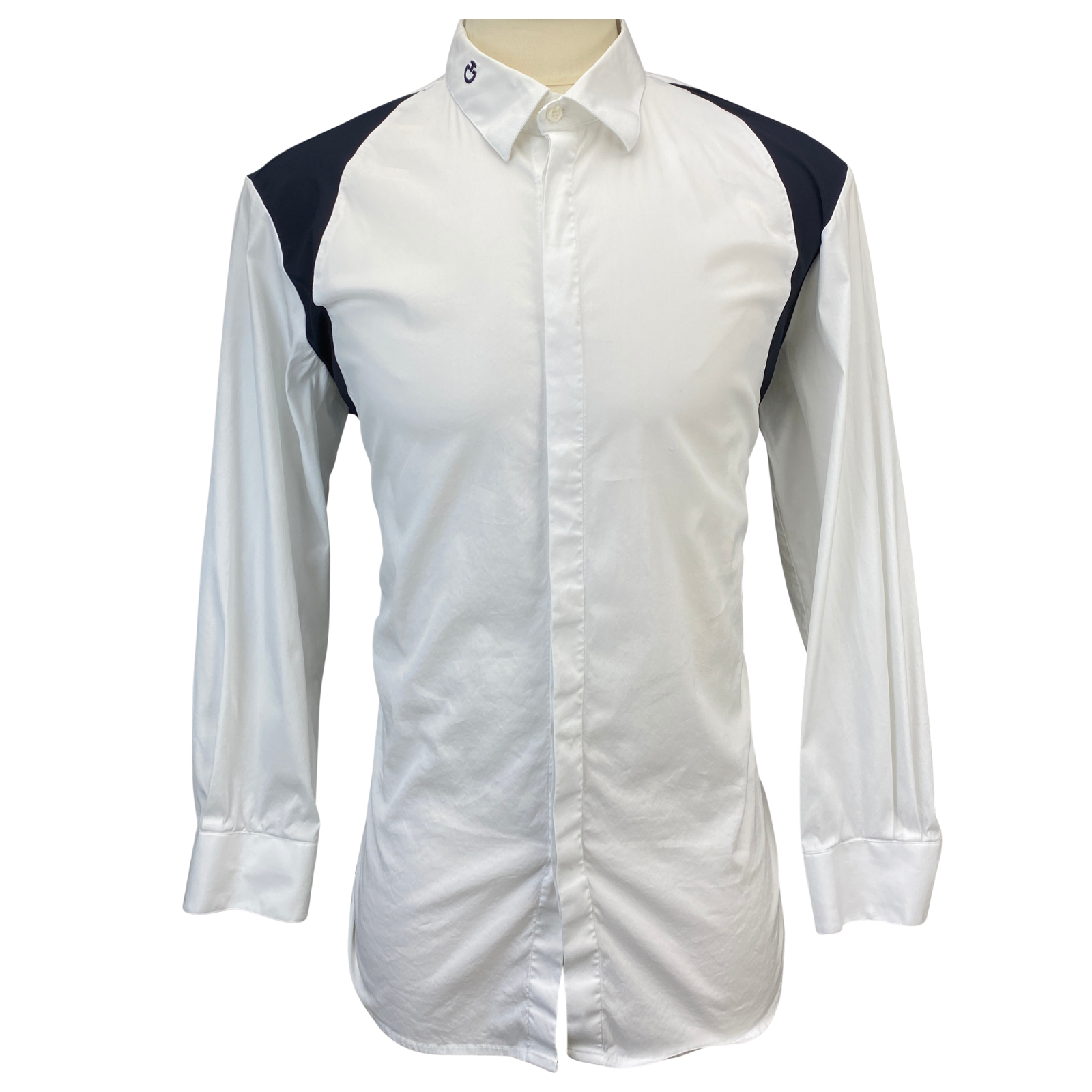 Front of Cavalleria Toscana Button-Down Long Sleeve Shirt in White/Navy Accents