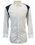 Front of Cavalleria Toscana Button-Down Long Sleeve Shirt in White/Navy Accents