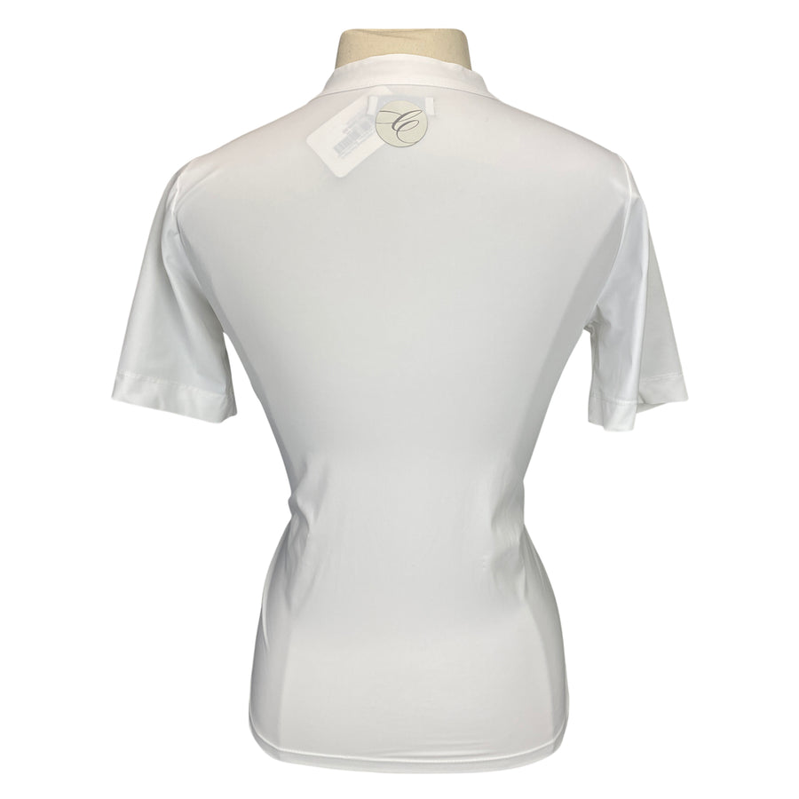 Back of CALLIDAE The Short Sleeve Tech Polo in White/Flamingo Ribbon 
