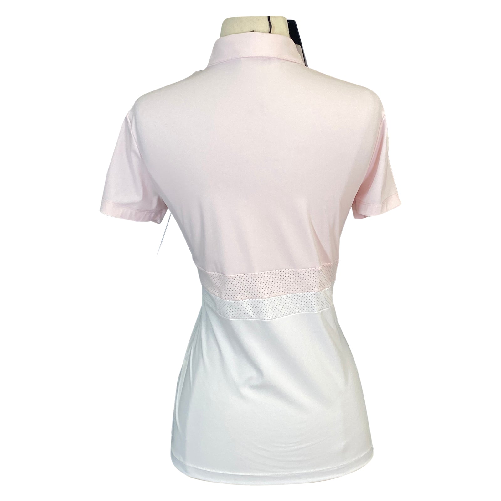 Back of Cavalleria Toscana Perforated Stripe Polo in Baby Pink/White