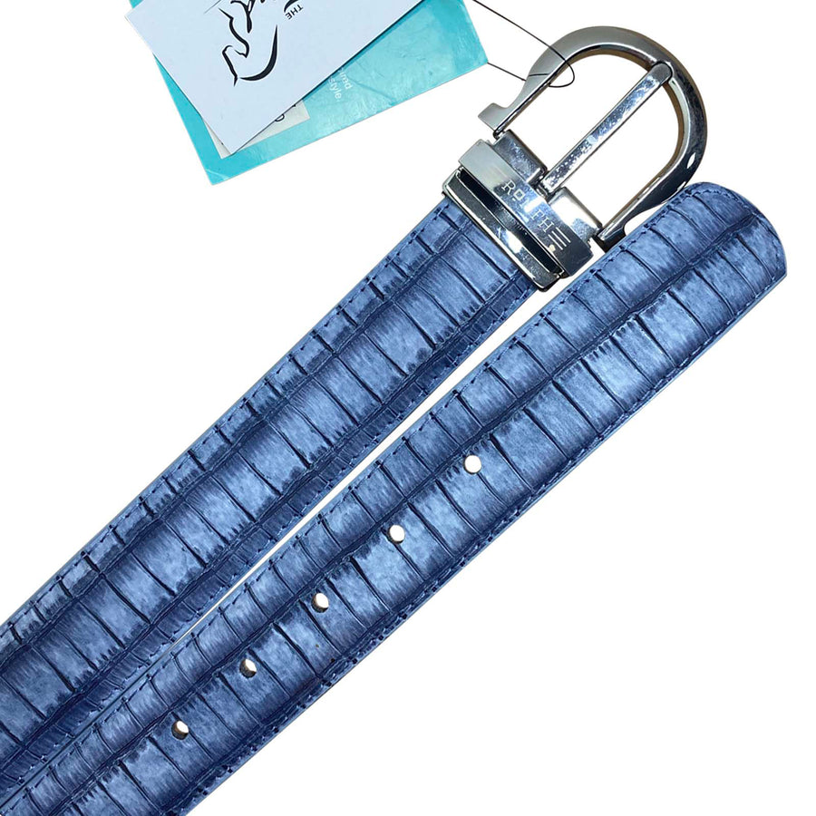 Close up of Romfh Croc Belt in Cerulean 