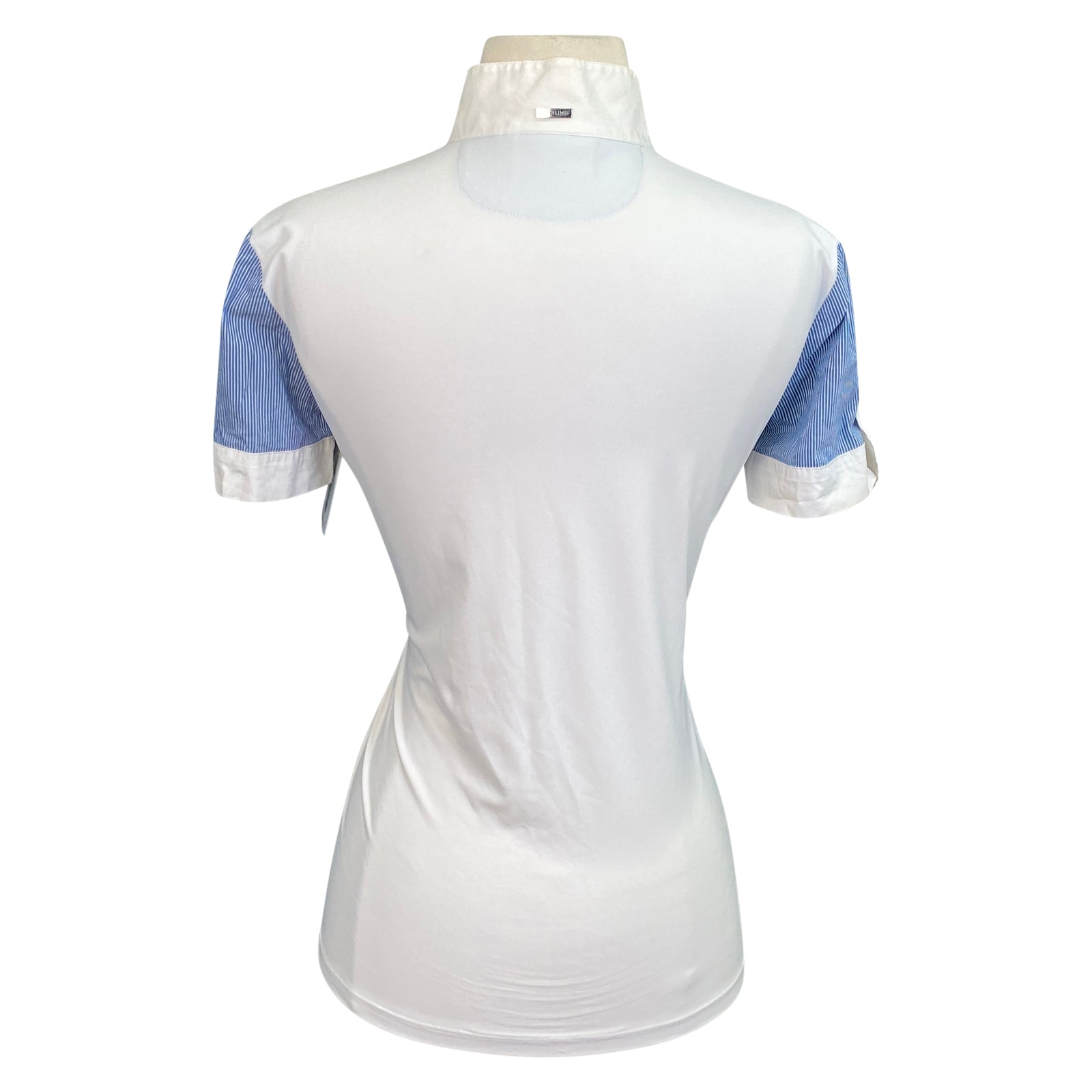 Back of Equiline &#39;Opaline&#39; Short Sleeve Show Shirt in White/Blue Stripe