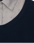 Close up[ of CALLIDAE The Short Sleeve Practice Shirt in Navy/Mustard + Navy Dobby