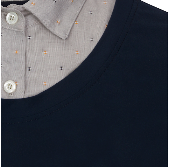 Close up[ of CALLIDAE The Short Sleeve Practice Shirt in Navy/Mustard + Navy Dobby