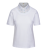 Front o CALLIDAE The Short Sleeve Practice Shirt in White/Flamingos - Women's Large