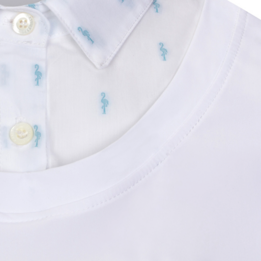 Collar details of CALLIDAE The Short Sleeve Practice Shirt in White/Flamingos - Women's Large