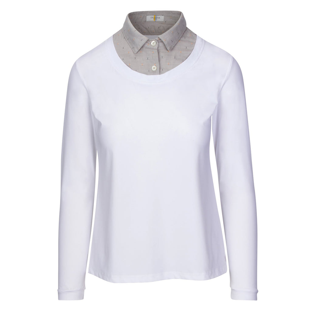 Front of CALLIDAE The Practice Shirt in White/Mustard + Navy Dobby - Women's Small