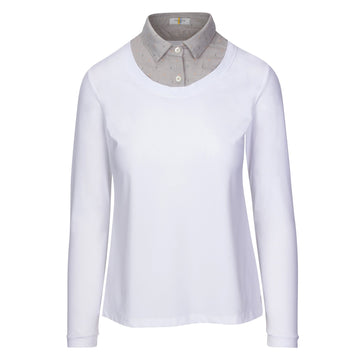 Front of CALLIDAE The Practice Shirt in White/Mustard + Navy Dobby - Women's Small