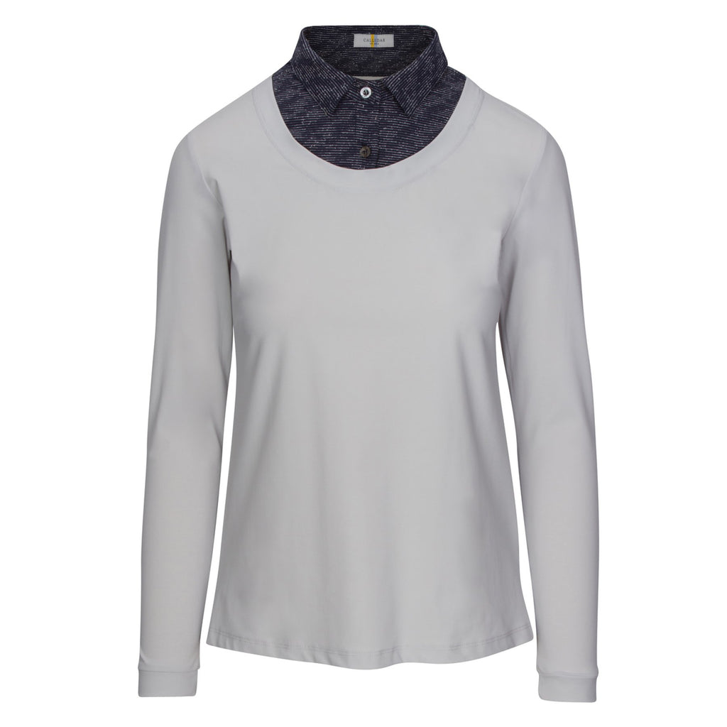 Front of CALLIDAE The Practice Shirt in Dove/Navy Bouclé - Women's Small