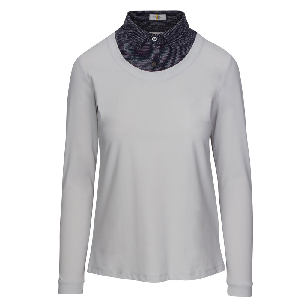 Front of CALLIDAE The Practice Shirt in Dove/Navy Bouclé - Women's XS