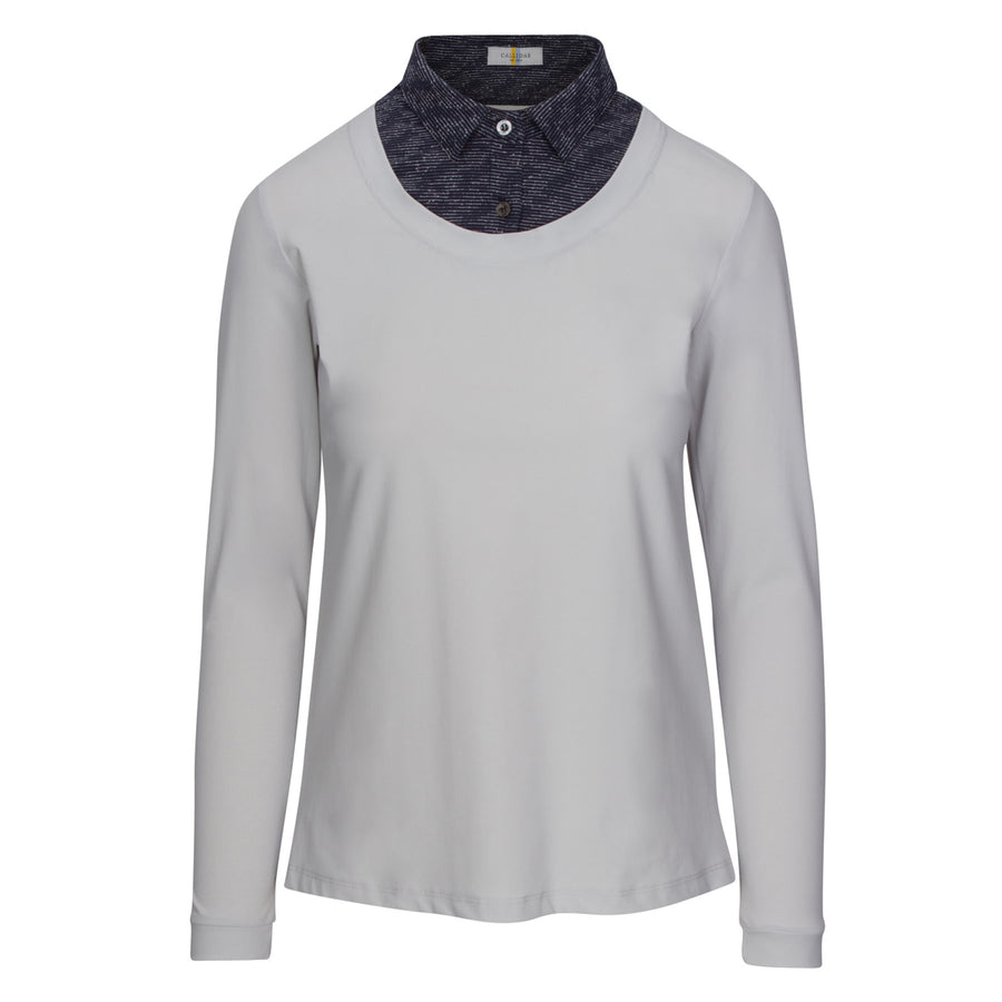 Front of CALLIDAE The Practice Shirt in Dove/Navy Bouclé - Women's XS