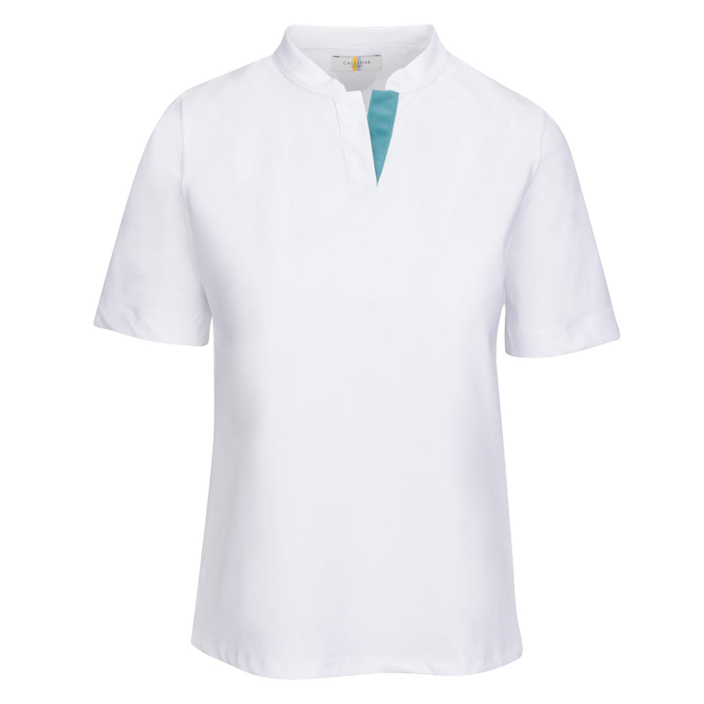 Front of CALLIDAE The Short Sleeve Tech Polo in White/Flamingo Ribbon - Women's Medium