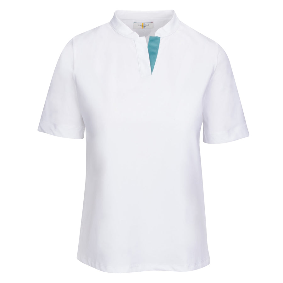 Front of CALLIDAE The Short Sleeve Tech Polo in White/Flamingo Ribbon - Women's Medium