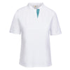 Front of CALLIDAE The Short Sleeve Tech Polo in White/Flamingo Ribbon - Women's Medium
