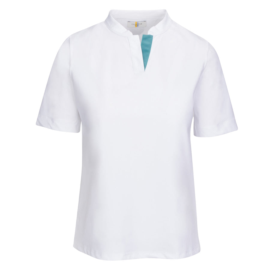 Front of CALLIDAE The Short Sleeve Tech Polo in White/Flamingo Ribbon - Women's XL