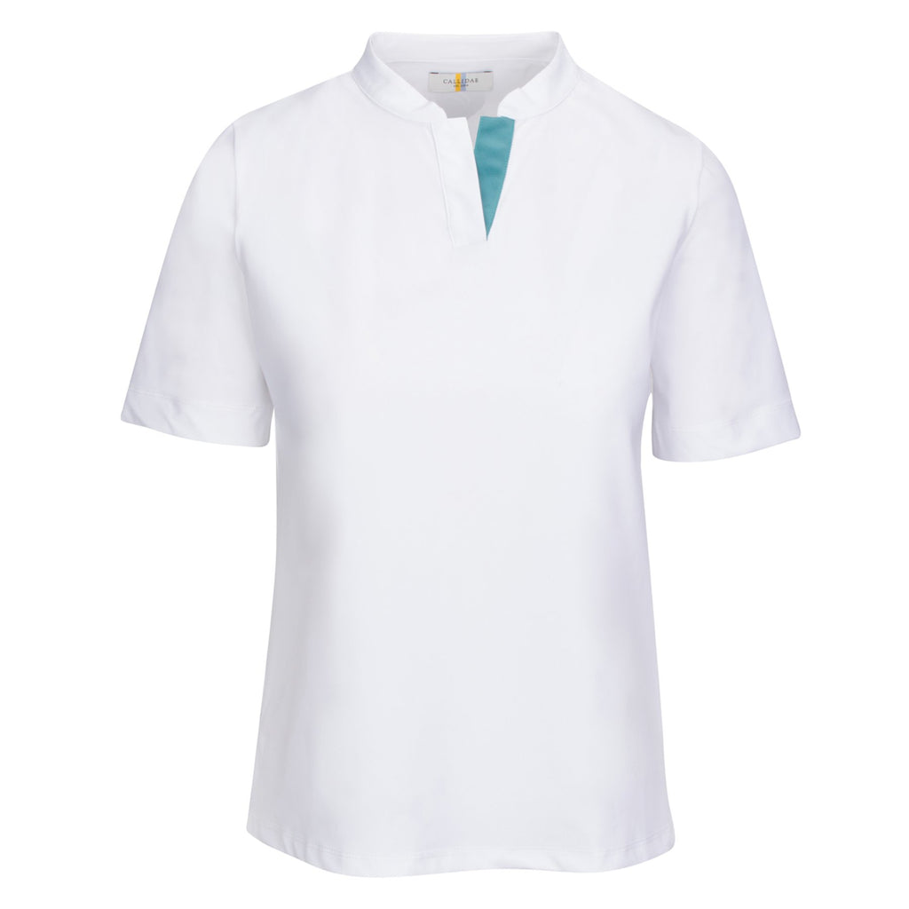 Front of CALLIDAE The Short Sleeve Tech Polo in White/Flamingo Ribbon - Women's XS