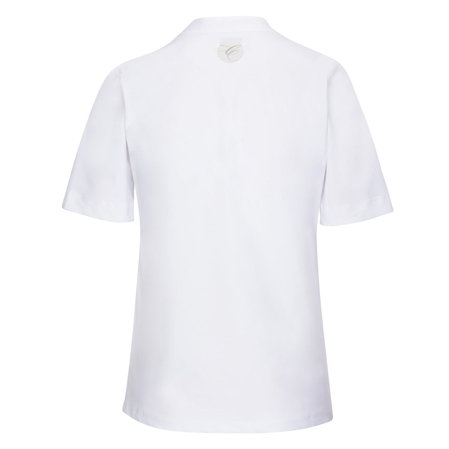 Back of CALLIDAE The Short Sleeve Tech Polo in White/Blue Ribbon - Women's Small