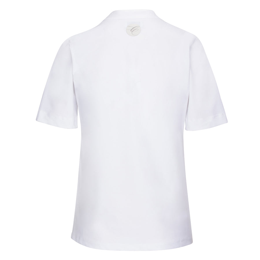 Back of CALLIDAE The Short Sleeve Tech Polo in White/Flamingo Ribbon - Women's XL