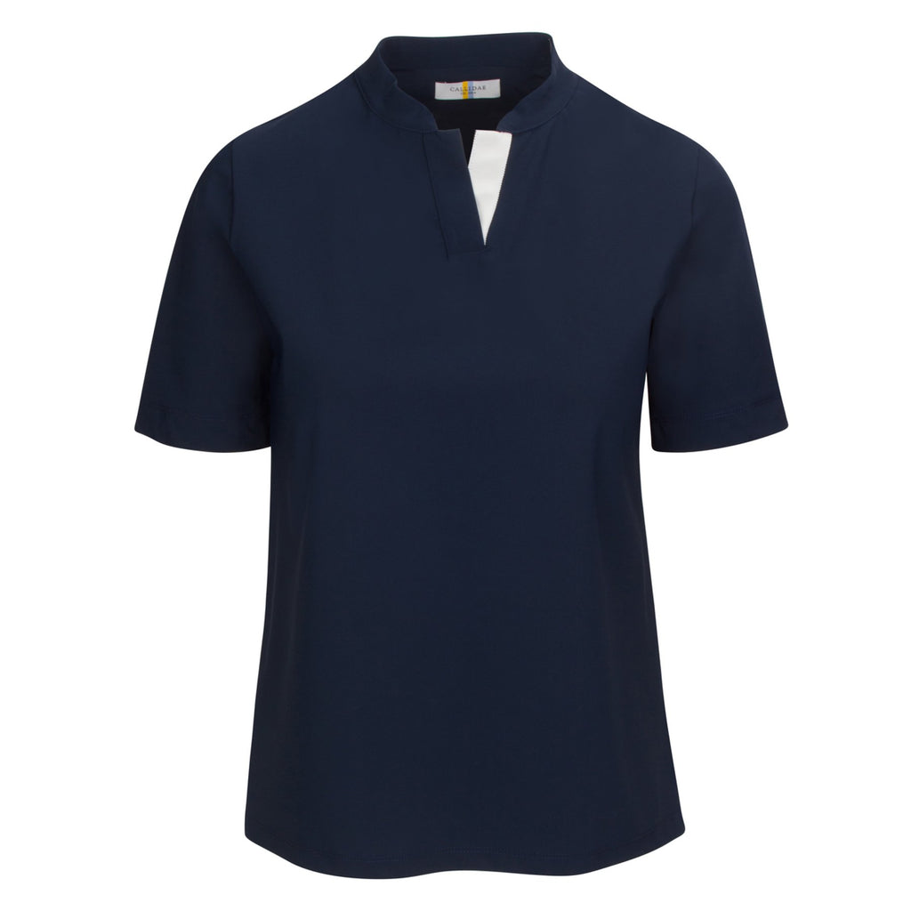 Front of CALLIDAE The Short Sleeve Tech Polo in Navy/White Ribbon - Women's XS