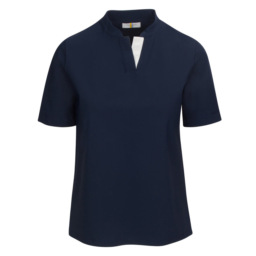Front of CALLIDAE The Short Sleeve Tech Polo in Navy/White Ribbon - Women's XS