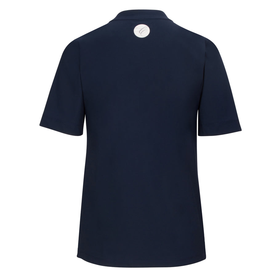 Back of CALLIDAE The Short Sleeve Tech Polo in Navy/White Ribbon - Women's XS