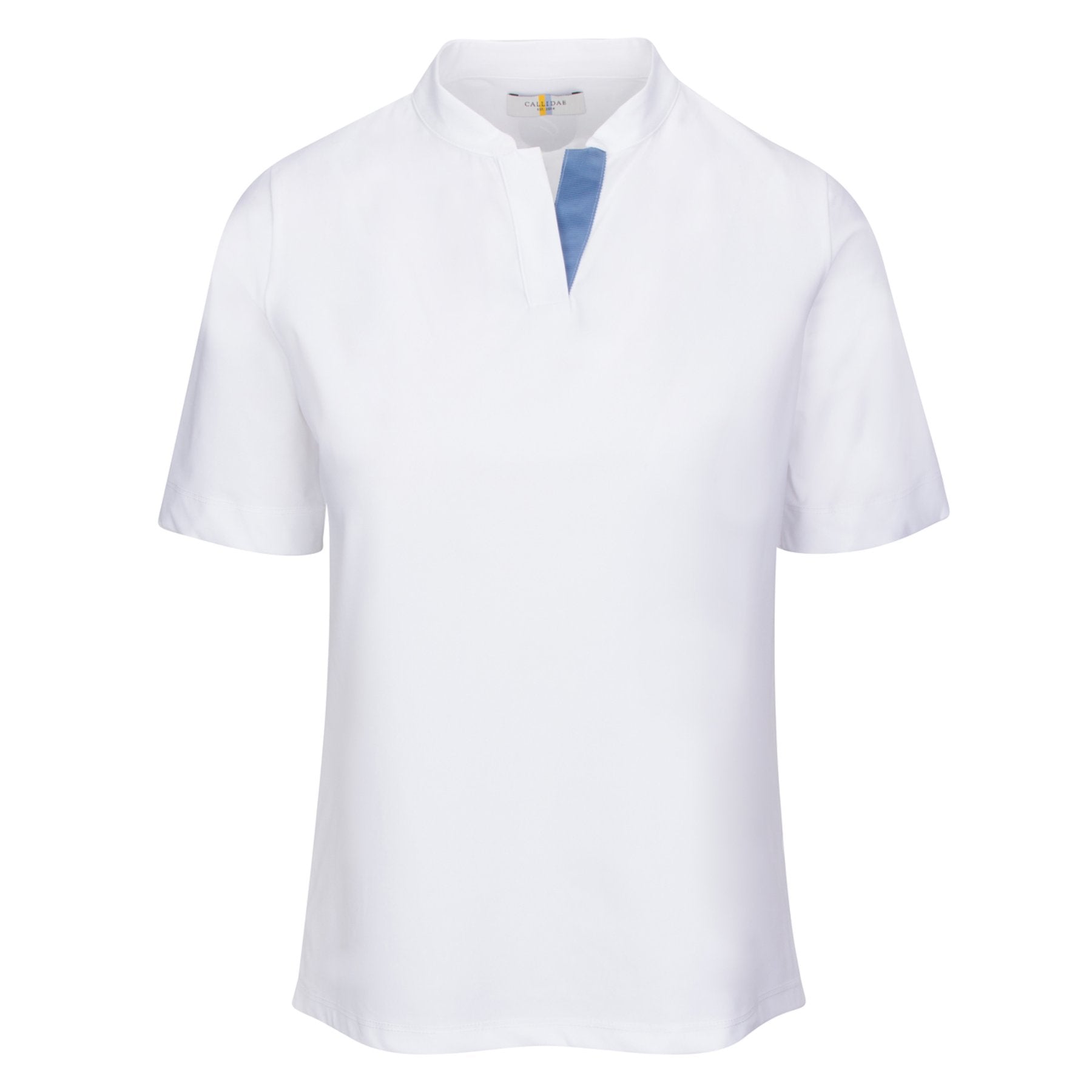 Front of CALLIDAE The Short Sleeve Tech Polo in White/Blue Ribbon - Women&#39;s XL