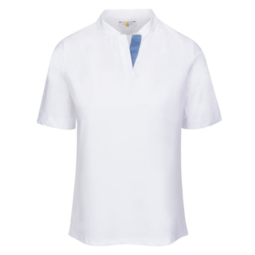 Front of CALLIDAE The Short Sleeve Tech Polo in White/Blue Ribbon - Women's Small