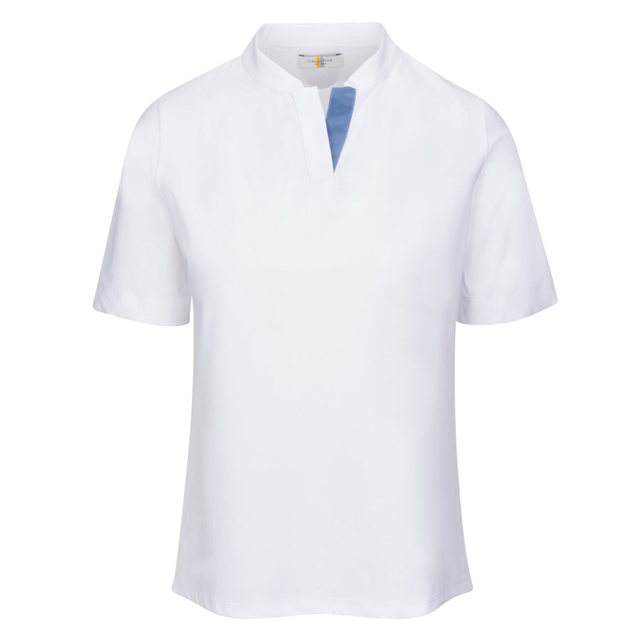 Front of CALLIDAE The Short Sleeve Tech Polo in White/Blue Ribbon - Women's Small