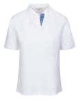 Front of CALLIDAE The Short Sleeve Tech Polo in White/Blue Ribbon - Women's XS
