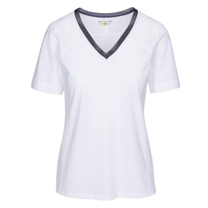 Front of CALLIDAE The Short Sleeve Tech V Neck in White - Women's Small